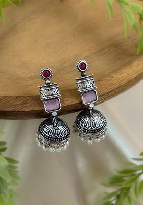 Silver Plated Artificial Stones Studded And Beaded Oxidised Jhumkas