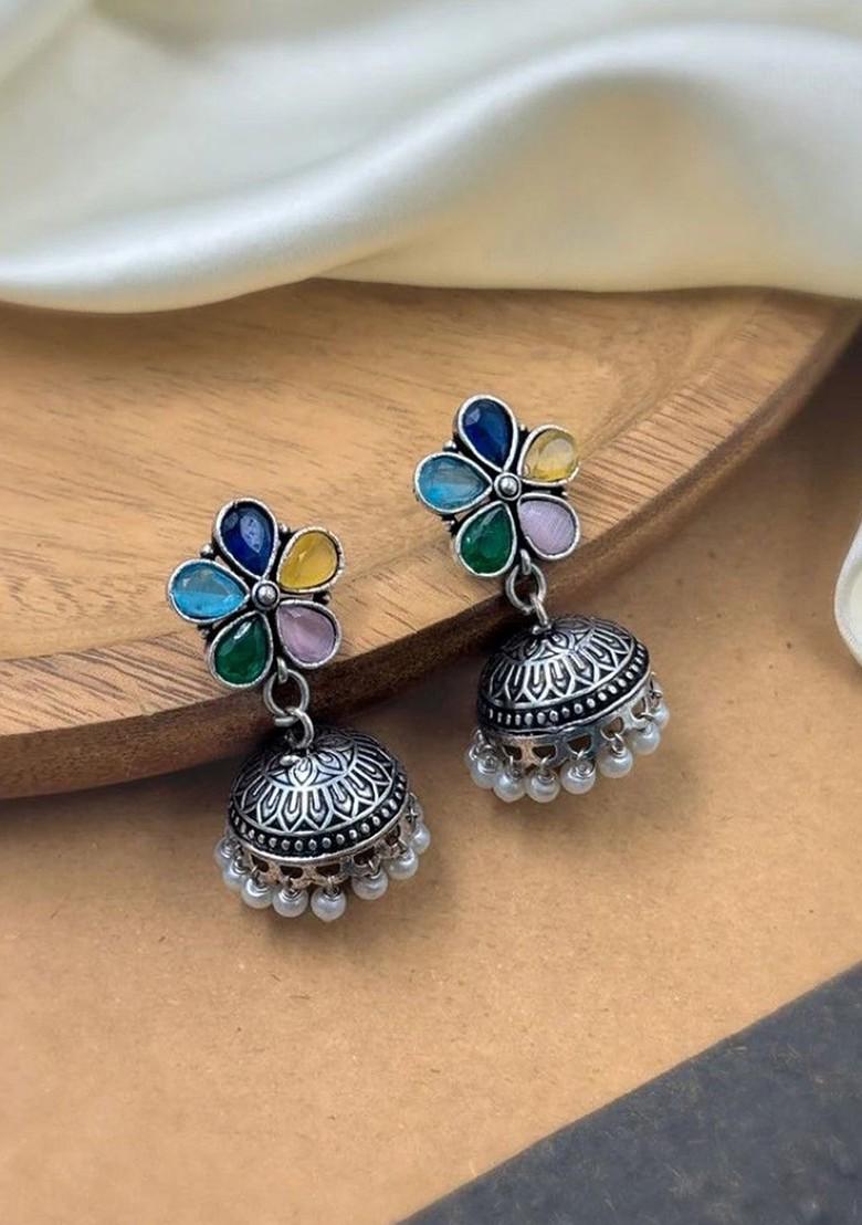 Silver Plated Artificial Stones Studded And Beaded Dome Shaped Oxidised Jhumkas