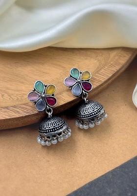 Silver Plated Artificial Stones Studded And Beaded Dome Shaped Oxidised Jhumkas