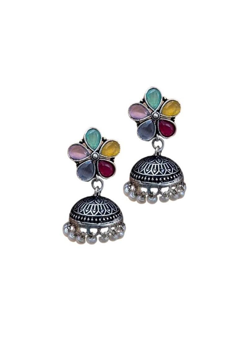 Silver Plated Artificial Stones Studded And Beaded Dome Shaped Oxidised Jhumkas