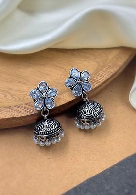 Silver Plated Stones Studded And Beaded Dome Shaped Oxidised Jhumkas