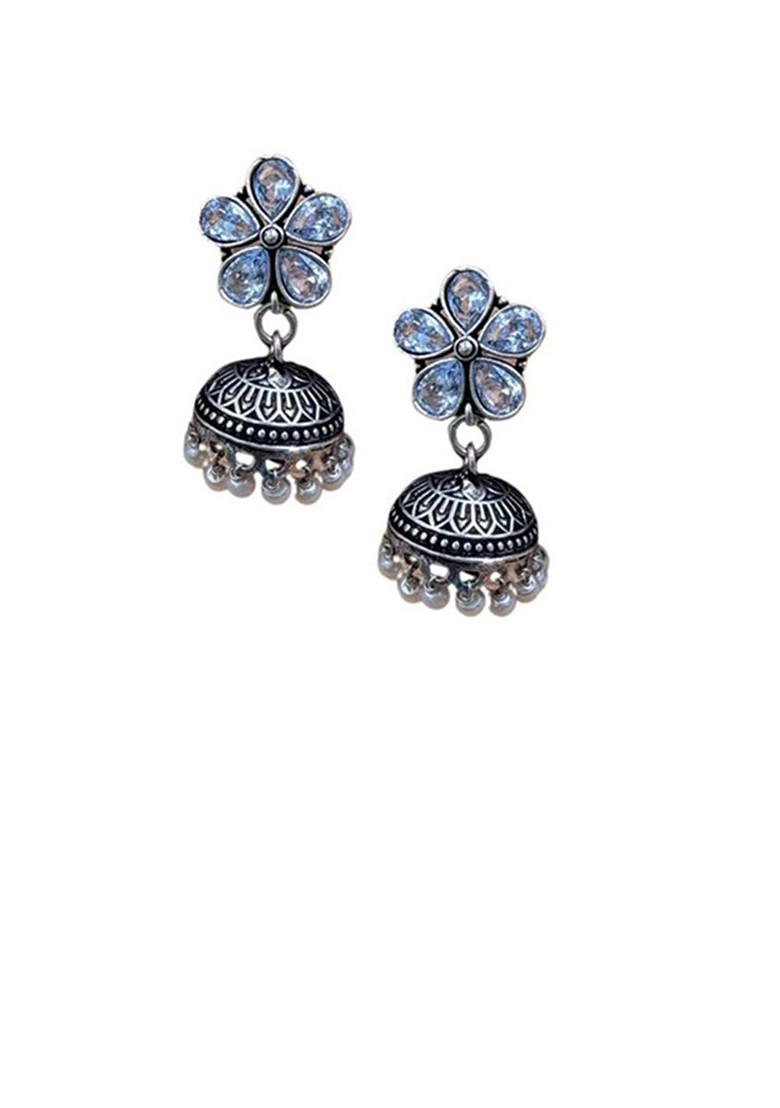 Silver Plated Stones Studded And Beaded Dome Shaped Oxidised Jhumkas
