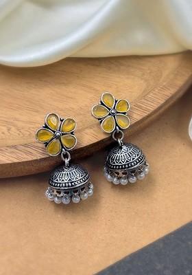 Silver Plated Artificial Stones Studded And Beaded Dome Shaped Oxidised Jhumkas