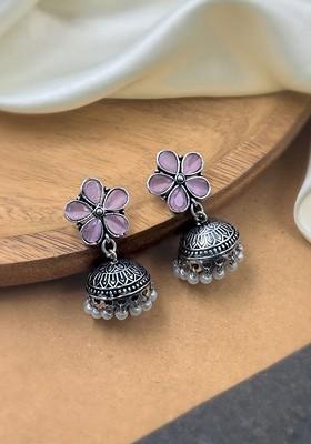 Silver Plated Artificial Stones Studded And Beaded Dome Shaped Oxidised Jhumkas