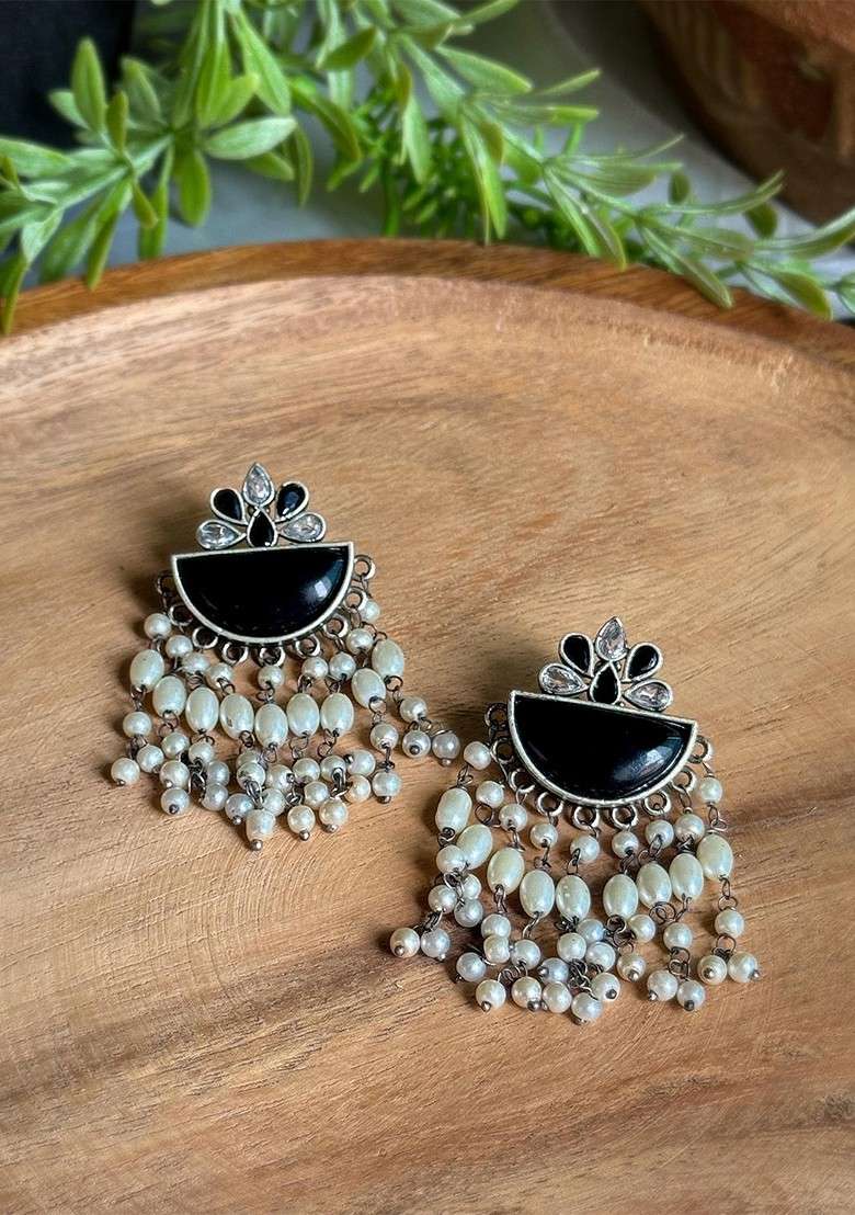 Silver Plated Artificial Stones Studded Crescent Shaped Drop Earrings - Indya