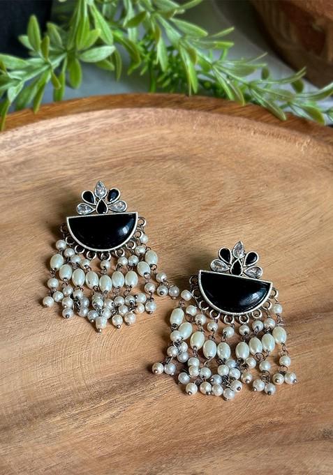 Silver Plated Artificial Stones Studded Crescent Shaped Drop Earrings