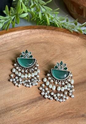 Silver Plated Artificial Stones Studded And Beaded Drop Earrings