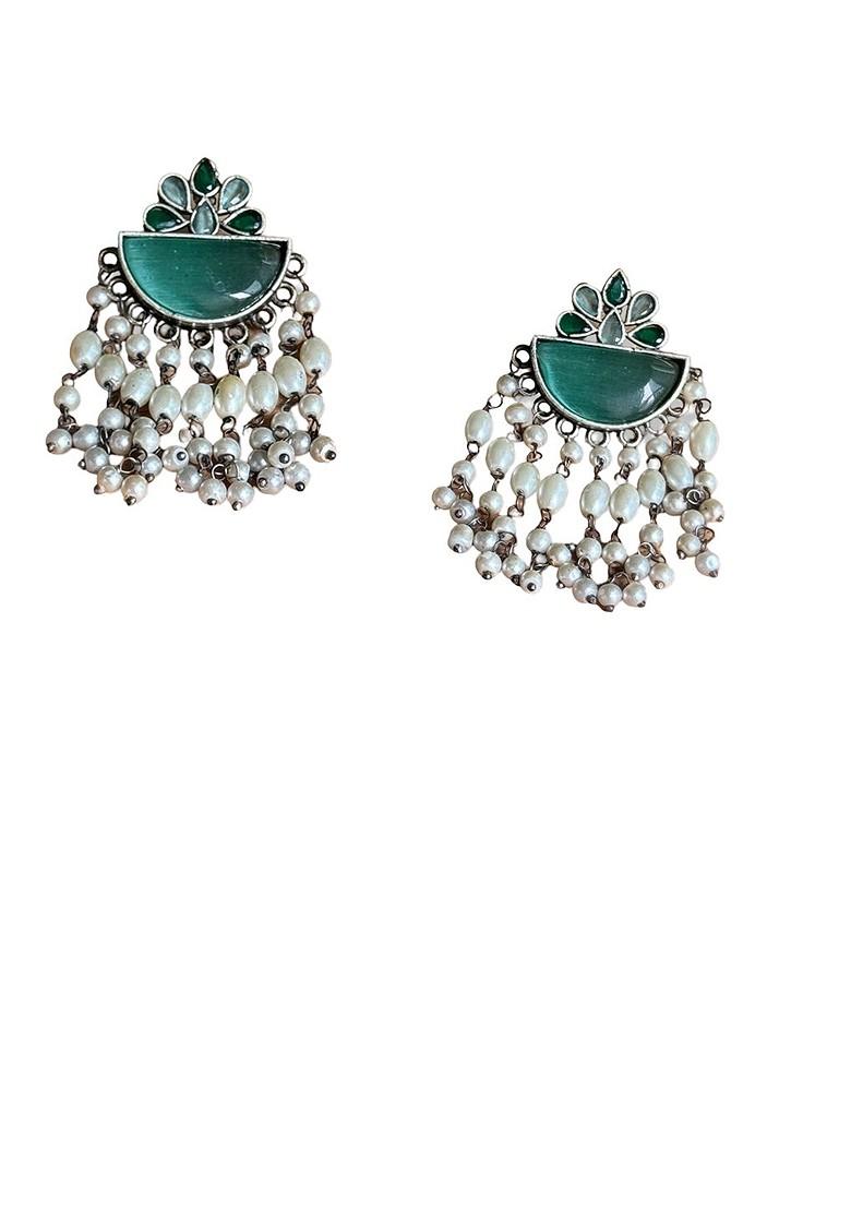 Silver Plated Artificial Stones Studded And Beaded Drop Earrings