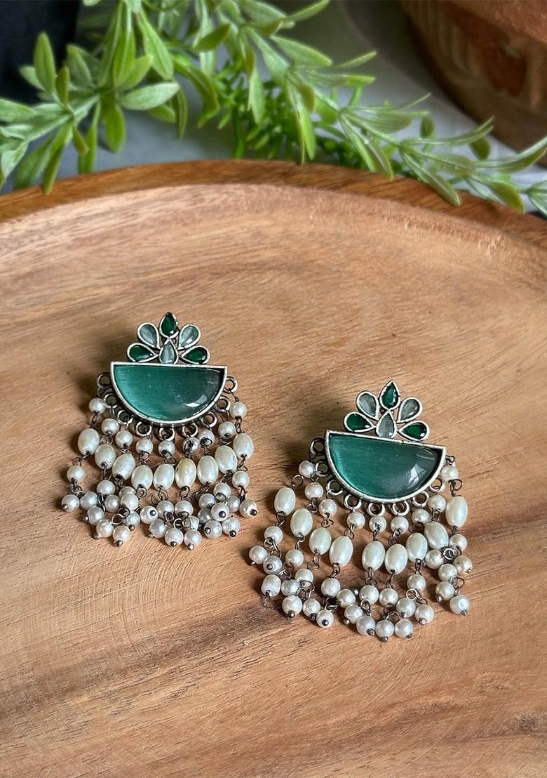 Silver Plated Artificial Stones Studded And Beaded Drop Earrings