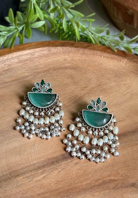 Silver Plated Artificial Stones Studded And Beaded Drop Earrings