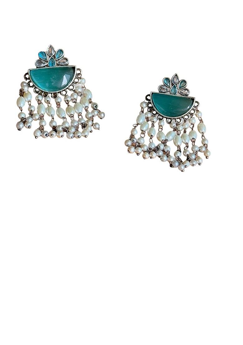 Silver Plated Artificial Stone Studded And Beaded Oxidised Drop Earrings