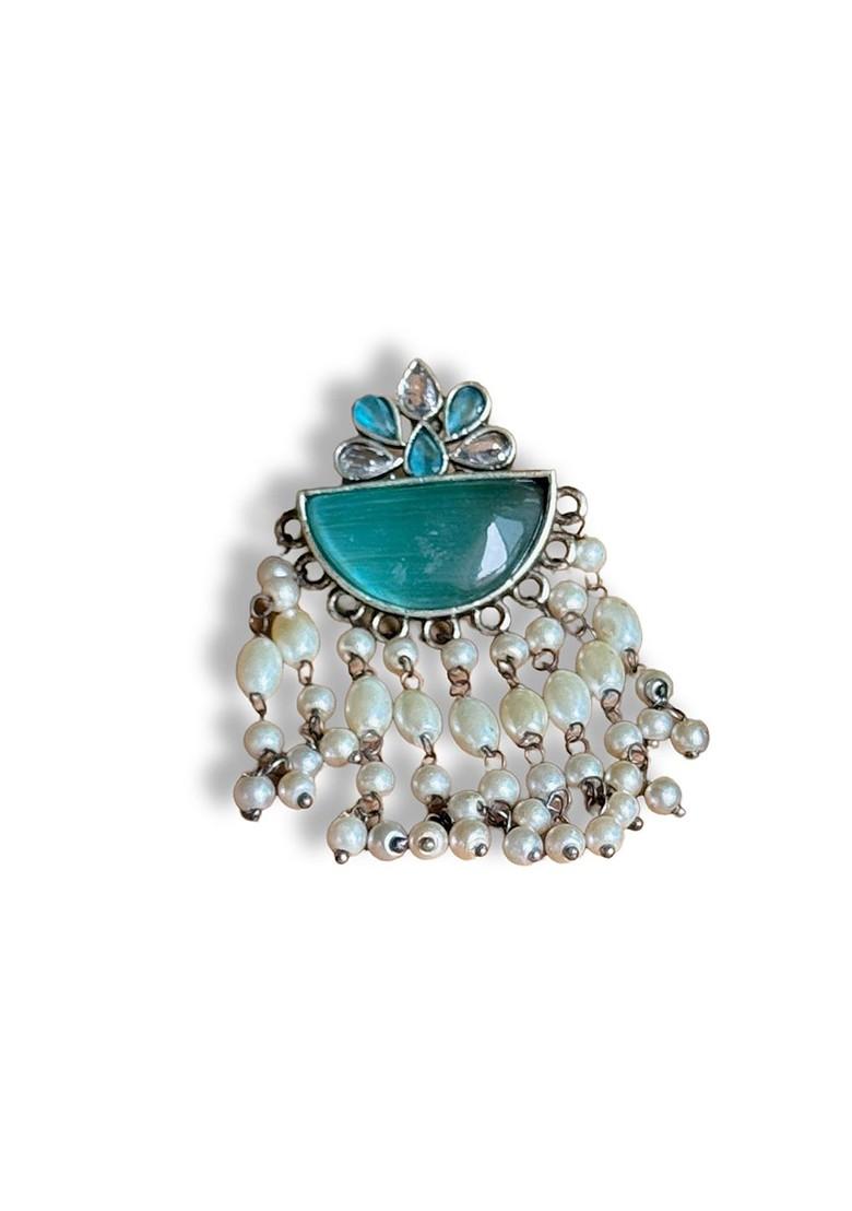 Silver Plated Artificial Stone Studded And Beaded Oxidised Drop Earrings