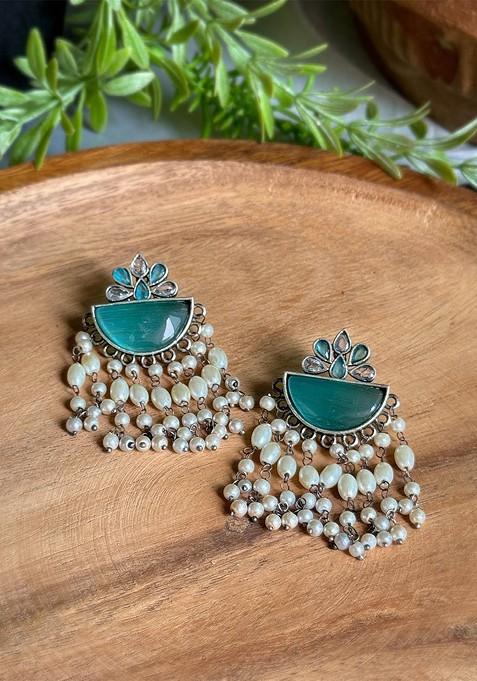 Silver Plated Artificial Stone Studded And Beaded Oxidised Drop Earrings