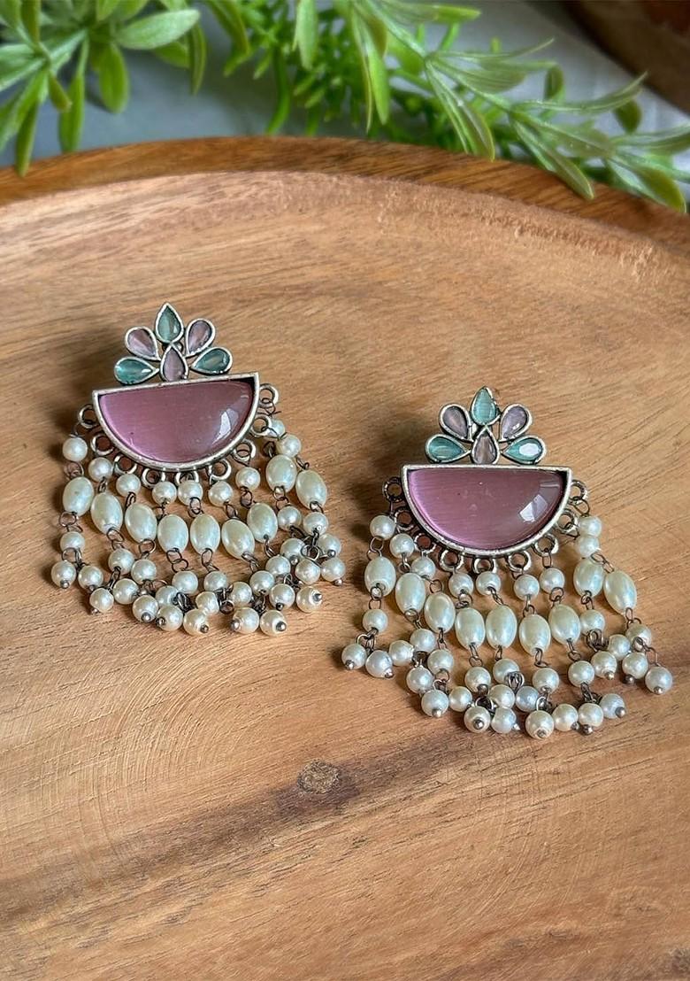 Silver Plated Artificial Stones Studded And Beaded Drop Earrings