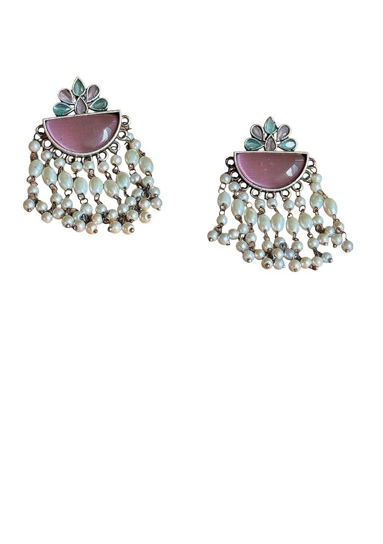 Silver Plated Artificial Stones Studded And Beaded Drop Earrings