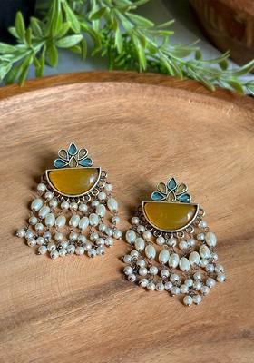 Silver Plated Artificial Stones Studded And Beaded Drop Earrings