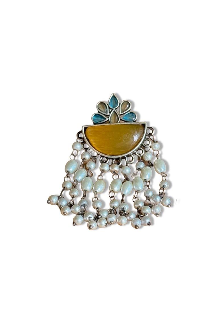 Silver Plated Artificial Stones Studded And Beaded Drop Earrings