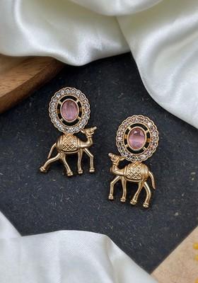 Rose Gold Plated Artificial Stones Studded And Beaded Oxidised Drop Earrings