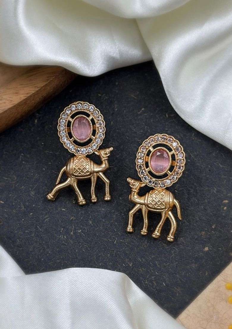 Rose Gold Plated Artificial Stones Studded And Beaded Oxidised Drop Earrings - Indya