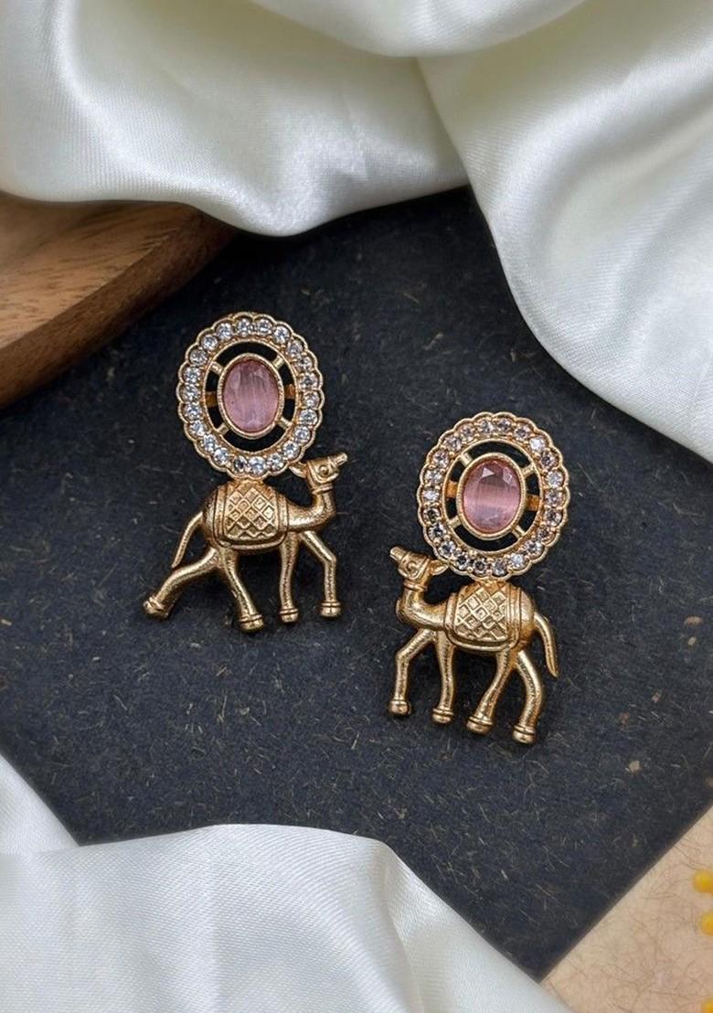 Rose Gold Plated Artificial Stones Studded And Beaded Oxidised Drop Earrings