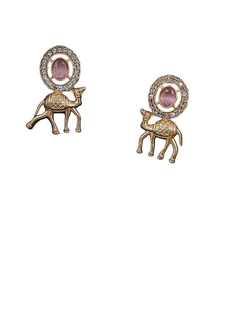 Rose Gold Plated Artificial Stones Studded And Beaded Oxidised Drop Earrings - Indya