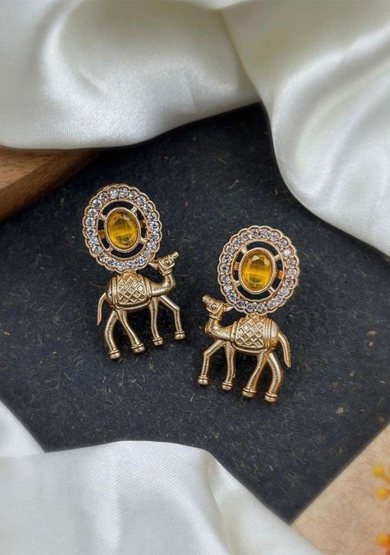 Rose Gold Plated Artificial Stones Studded And Beaded Oxidised Drop Earrings - Indya