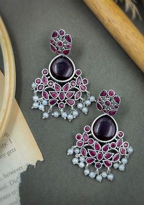 Silver Plated Artificial Stones Studded Contemporary Oxidised Drop Earrings