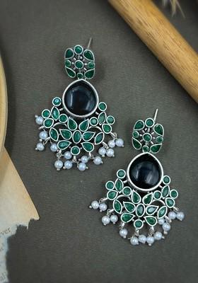 T Silver Plated Stones Studded And Beaded Contemporary Drop Earrings