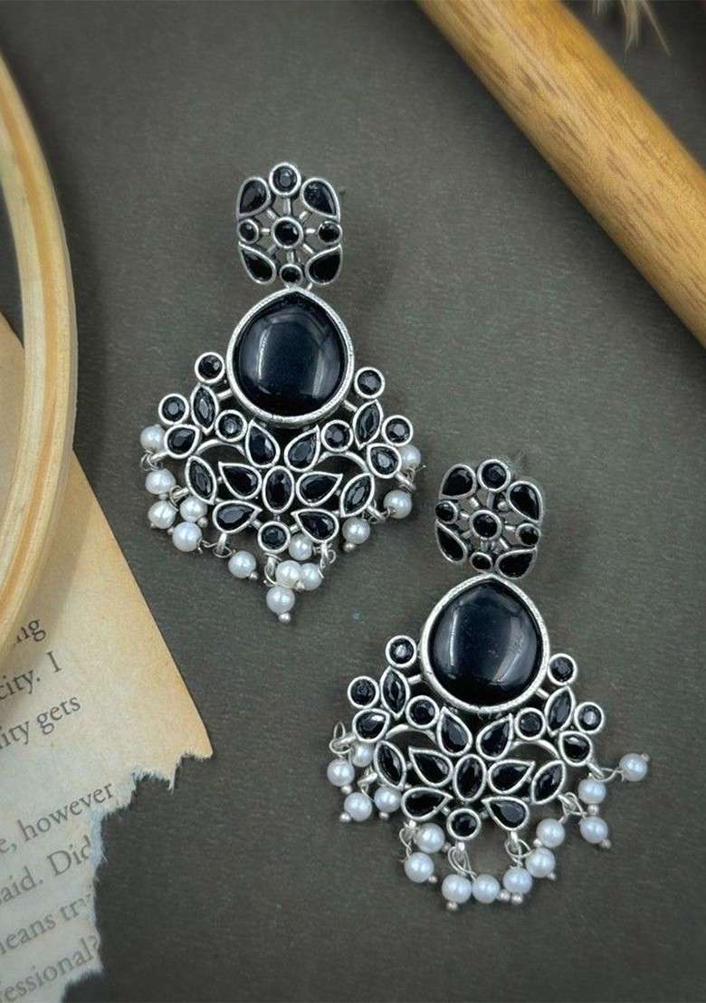 Silver Plated Stones Studded And Beaded Teardrop Earrings - Indya