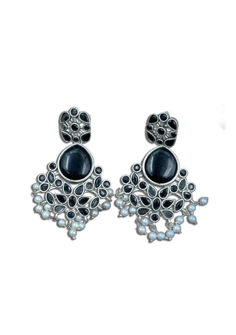 Silver Plated Stones Studded And Beaded Teardrop Earrings - Indya
