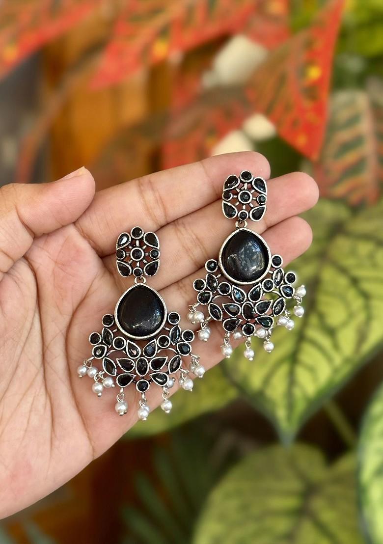 Silver Plated Stones Studded And Beaded Teardrop Earrings