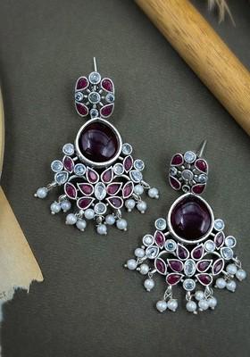 Silver Plated Artificial Stones Studded Contemporary Oxidised Drop Earrings