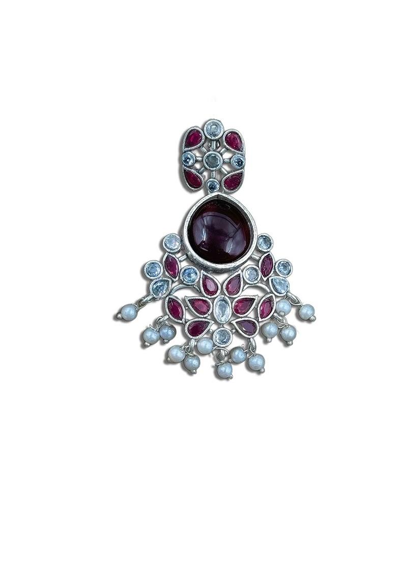 Silver Plated Artificial Stones Studded Contemporary Oxidised Drop Earrings