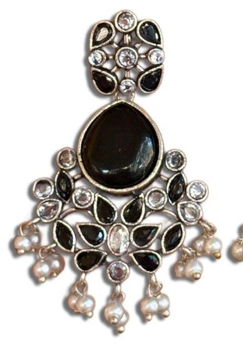 Silver Plated Stones Studded And Beaded Floral Shaped Earrings