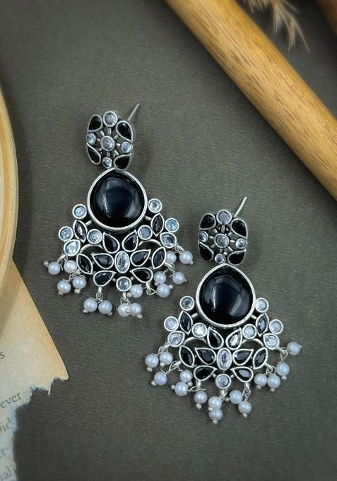 Silver Plated Stones Studded And Beaded Floral Shaped Earrings