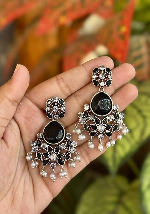 Silver Plated Stones Studded And Beaded Floral Shaped Earrings
