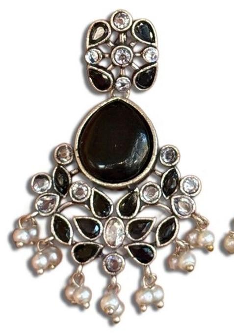 Silver Plated Stones Studded And Beaded Floral Shaped Earrings