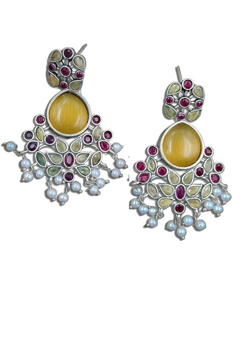 T Silver Plated Stones Studded And Beaded Contemporary Drop Earrings