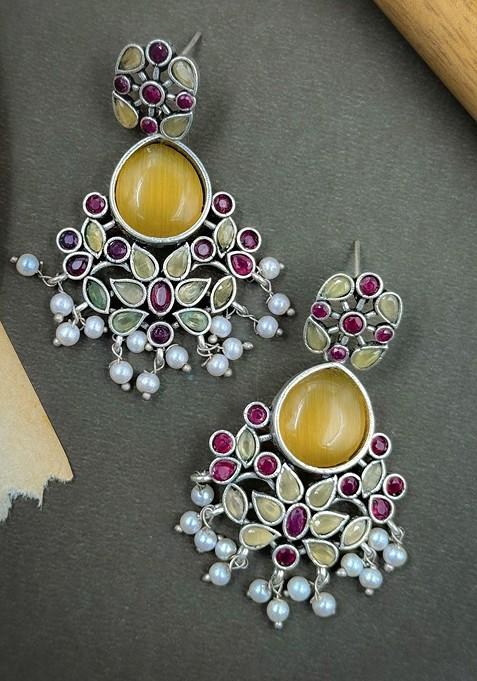 T Silver Plated Stones Studded And Beaded Contemporary Drop Earrings