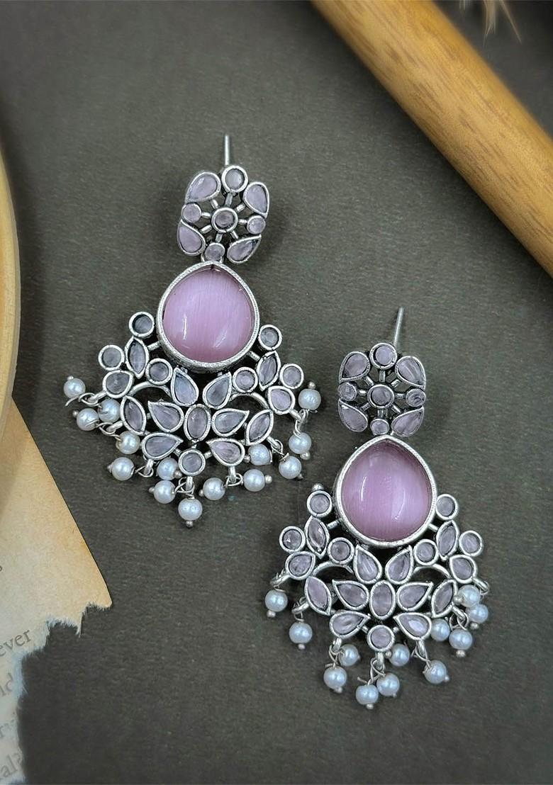 Silver Plated Artificial Stones Studded Teardrop Shaped Chandbalis