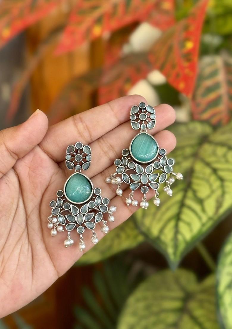 Silver Plated Stones Studded And Beaded Contemporary Drop Earrings