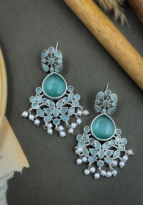Silver Plated Stones Studded And Beaded Contemporary Drop Earrings