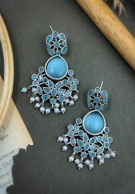 Silver Plated Stones Studded And Beaded Contemporary Drop Earrings