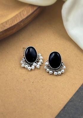 Silver Plated Artificial Stones Studded And Beaded Oval Shaped Oxidised Studs