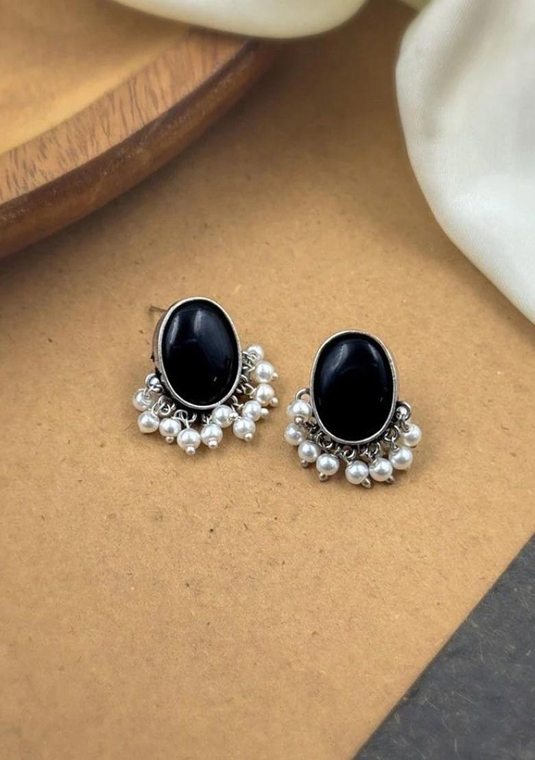 Silver Plated Artificial Stones Studded And Beaded Oval Shaped Oxidised Studs