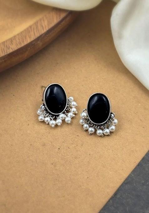 Silver Plated Artificial Stones Studded And Beaded Oval Shaped Oxidised Studs