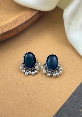 Silver Plated Artificial Stones Studded And Beaded Oval Shaped Drop Earrings