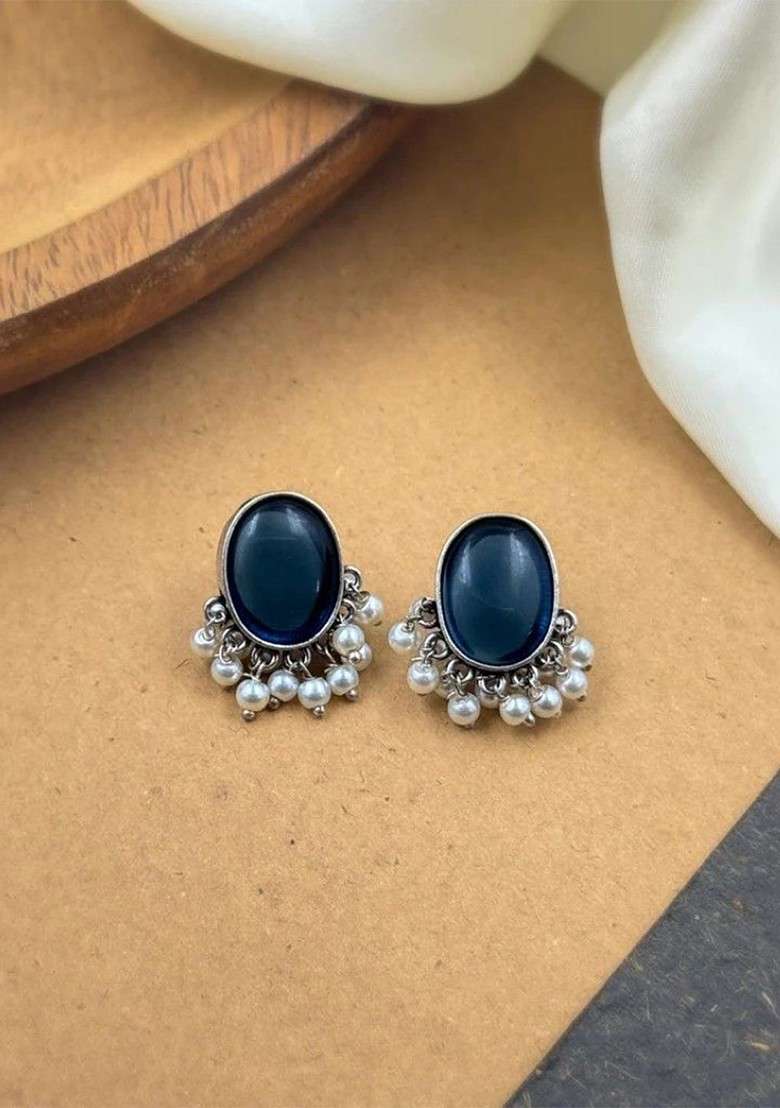 Silver Plated Artificial Stones Studded And Beaded Oval Shaped Drop Earrings - Indya