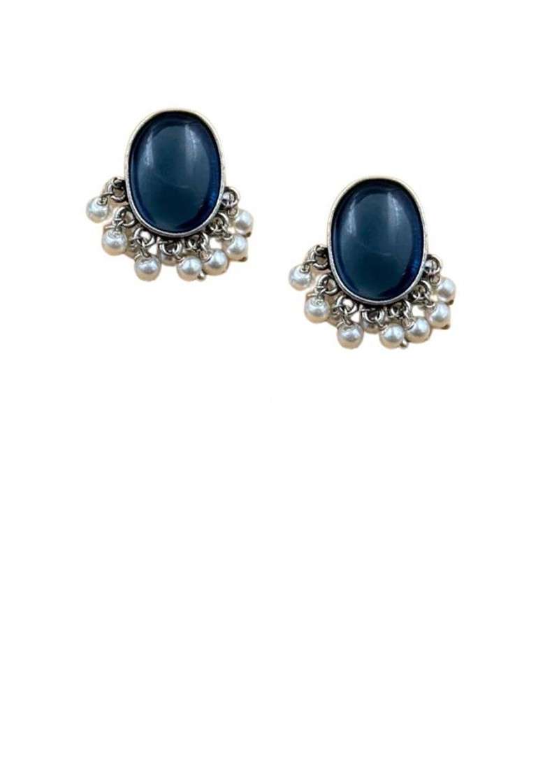 Silver Plated Artificial Stones Studded And Beaded Oval Shaped Drop Earrings - Indya