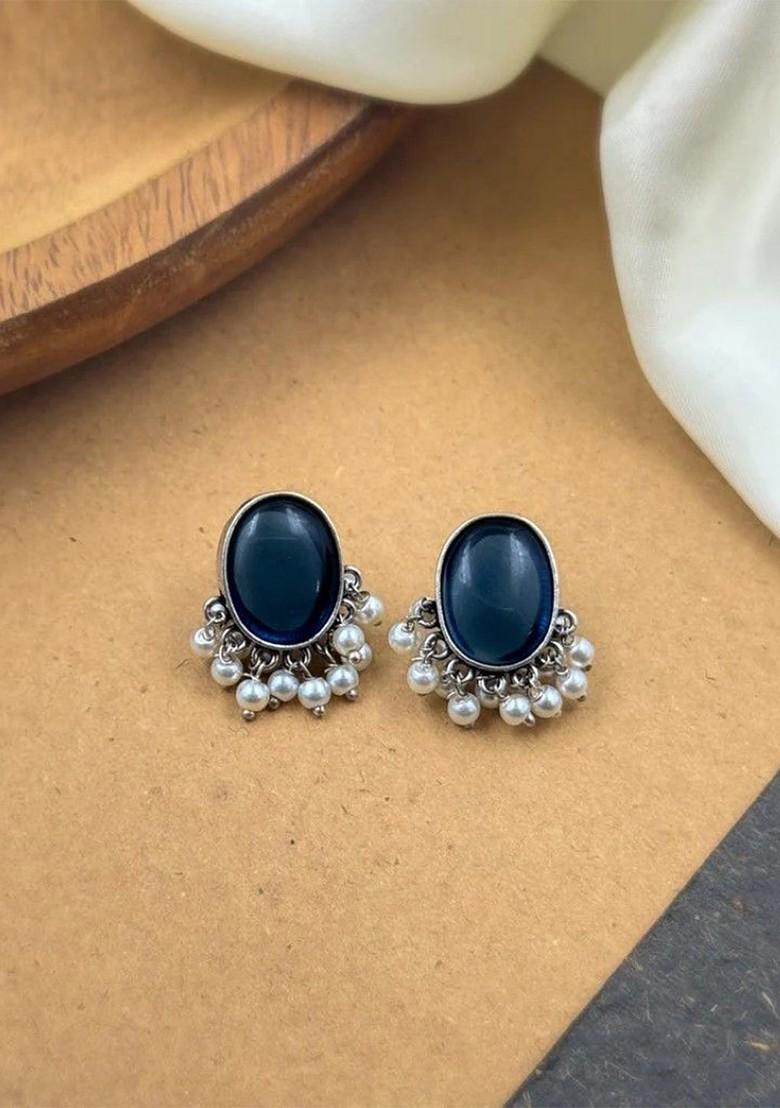 Silver Plated Artificial Stones Studded And Beaded Oval Shaped Drop Earrings